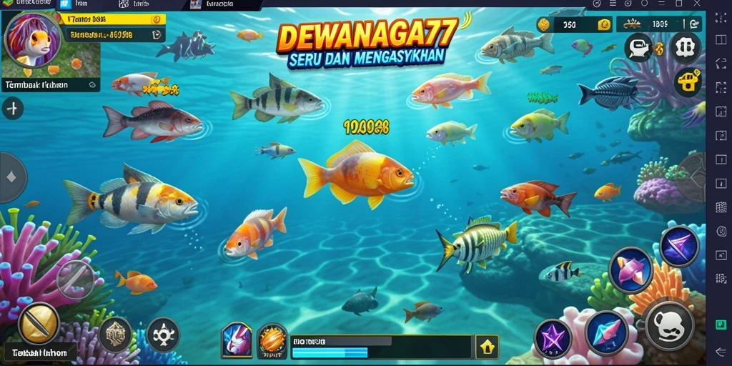 Screenshot utama DEWANAGA77 menampilkan aksi seru menembak ikan.