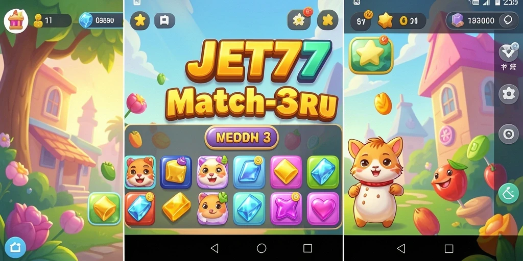 Tangkapan layar utama JET77 menampilkan aksi permainan Match-3 yang seru.