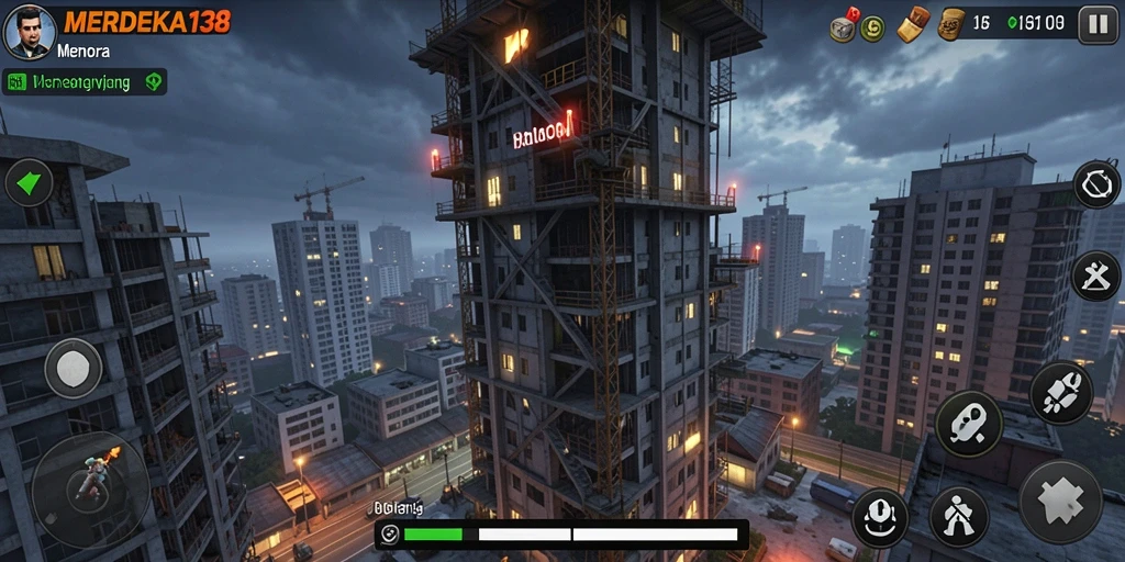 Screenshot gameplay <strong>MERDEKA138</strong> menampilkan menara dan musuh yang menegangkan.