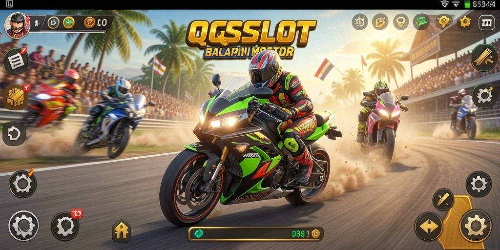 Tangkapan layar permainan QQSLOT dengan aksi balapan motor yang intens.